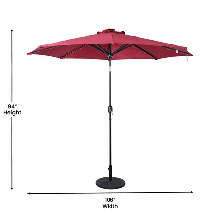 Flash Furniture Montego 9 FT Round Umbrella with 32 Solar LED Lights and Crank and Tilt Functionality in Red GM-WL-U22002B-RED-GG